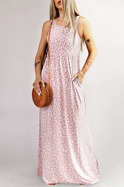 Rose Pink Leopard Pocketed Maxi Tank Dress - Vesteeto