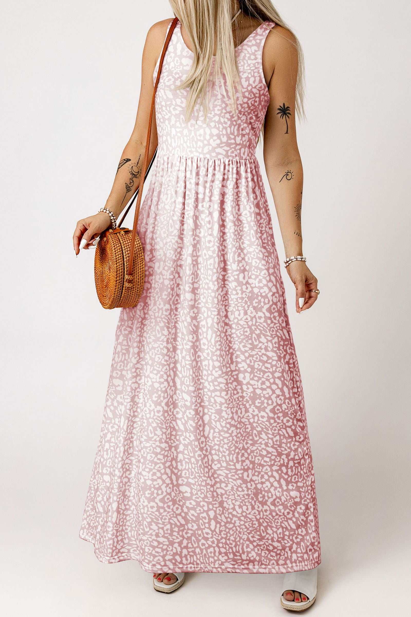 Rose Pink Leopard Pocketed Maxi Tank Dress - Vesteeto