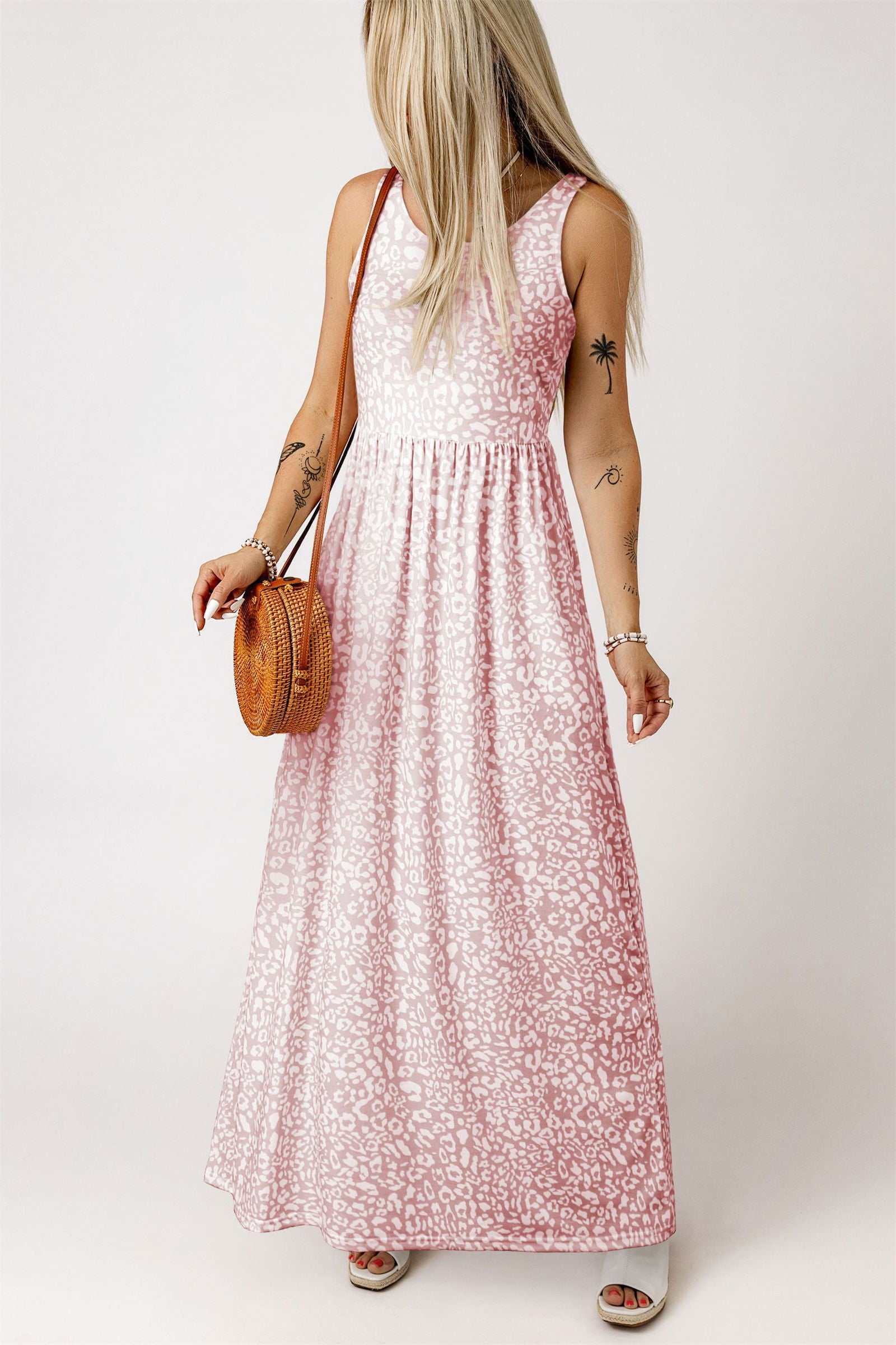 Rose Pink Leopard Pocketed Maxi Tank Dress - Vesteeto