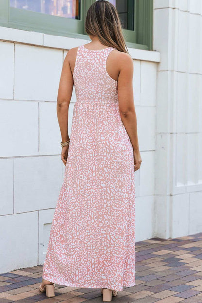 Rose Pink Leopard Pocketed Maxi Tank Dress - Vesteeto