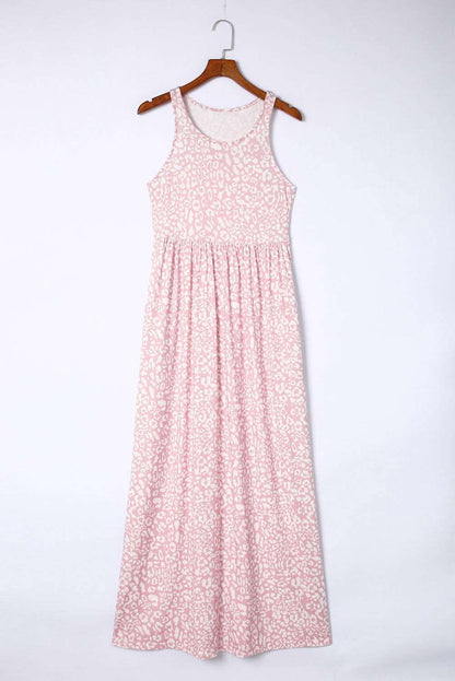 Rose Pink Leopard Pocketed Maxi Tank Dress - Vesteeto