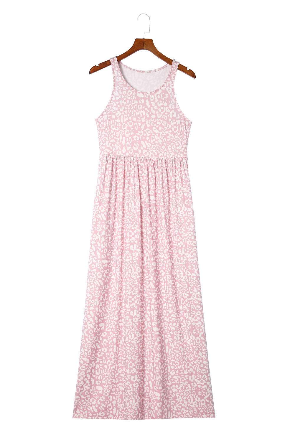 Rose Pink Leopard Pocketed Maxi Tank Dress - Vesteeto