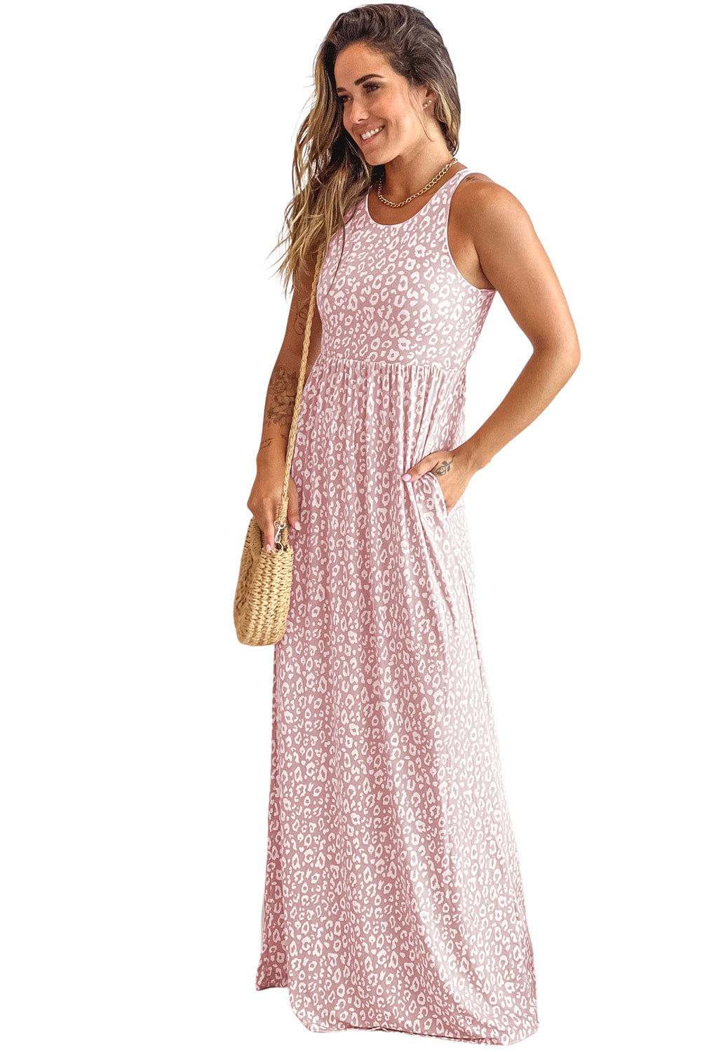 Rose Pink Leopard Pocketed Maxi Tank Dress - Vesteeto