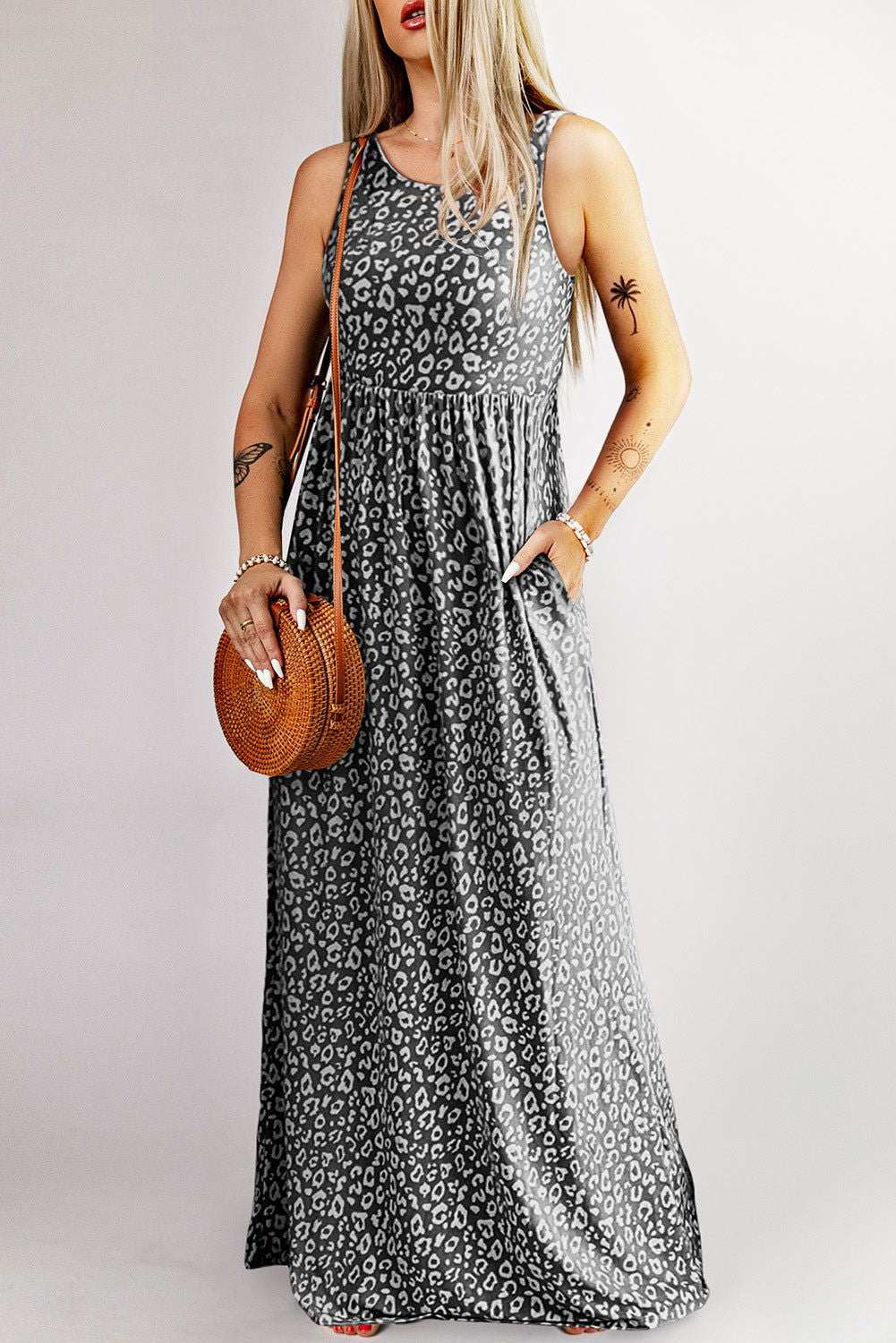 Rose Pink Leopard Pocketed Maxi Tank Dress - Vesteeto