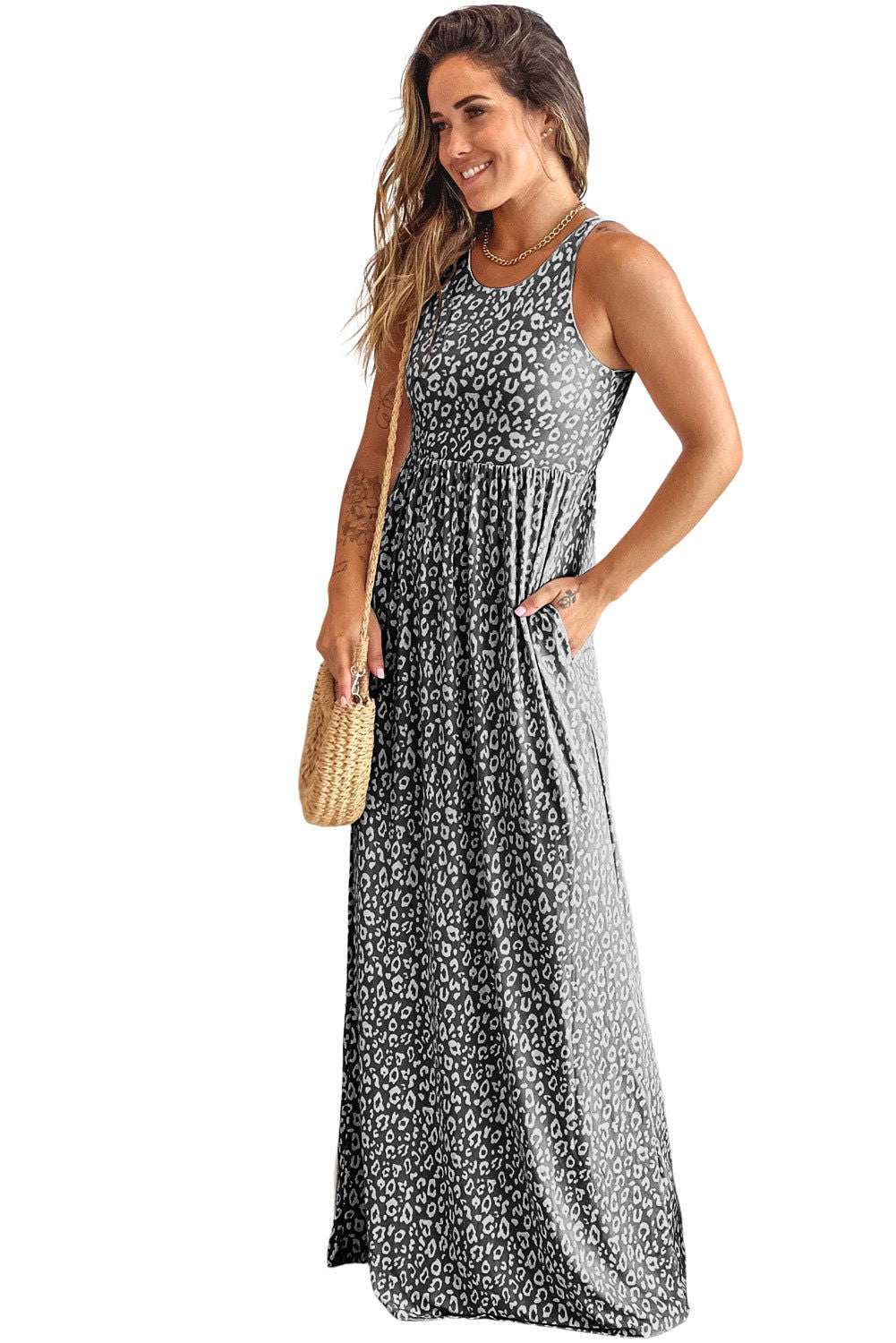 Rose Pink Leopard Pocketed Maxi Tank Dress - Vesteeto