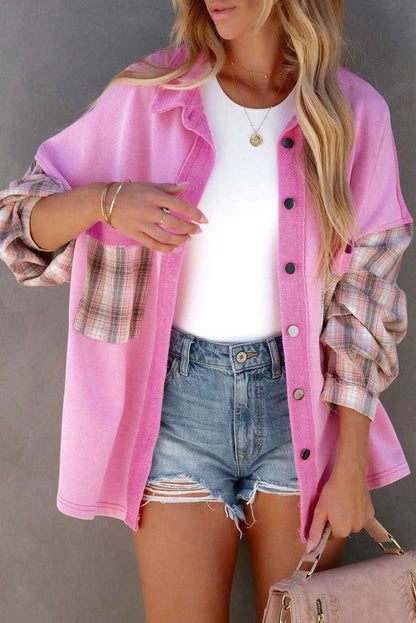 Rose Plaid Patchwork Chest Pockets Oversized Shirt Shacket - Vesteeto