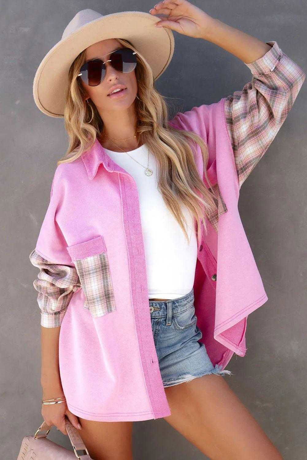 Rose Plaid Patchwork Chest Pockets Oversized Shirt Shacket - Vesteeto