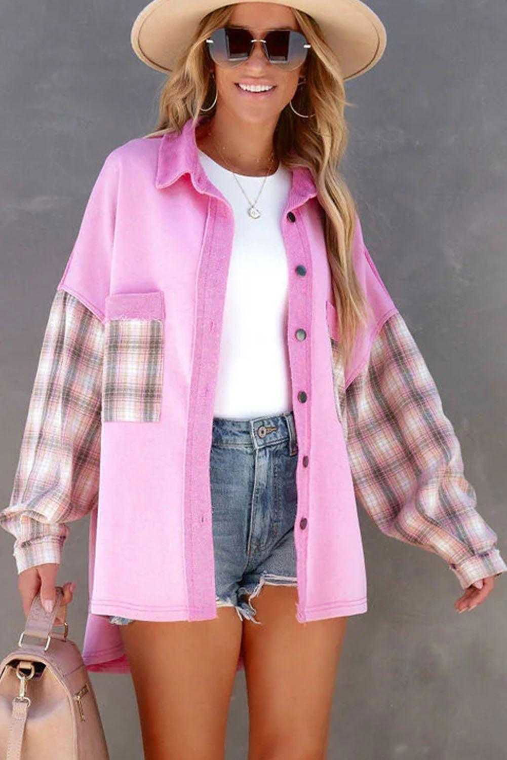 Rose Plaid Patchwork Chest Pockets Oversized Shirt Shacket - Vesteeto