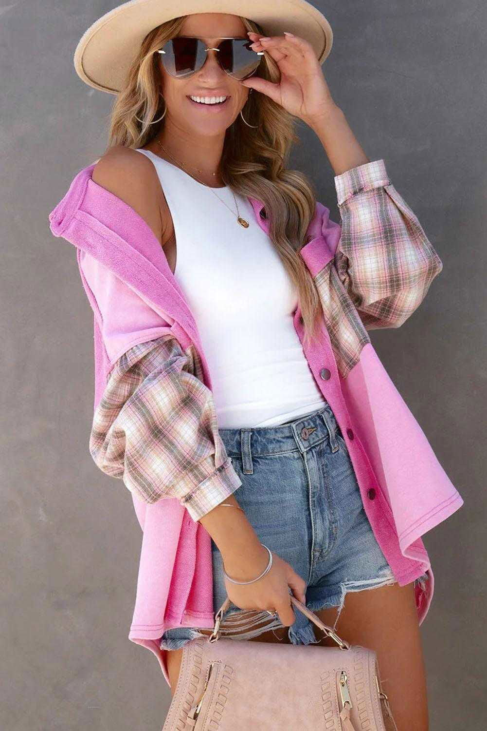 Rose Plaid Patchwork Chest Pockets Oversized Shirt Shacket - Vesteeto