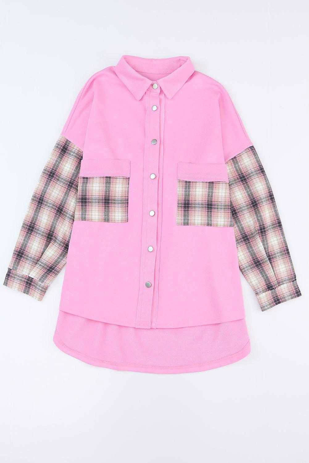 Rose Plaid Patchwork Chest Pockets Oversized Shirt Shacket - Vesteeto