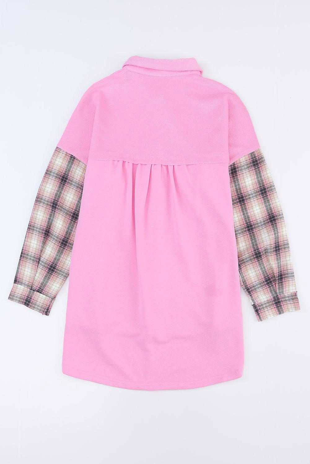 Rose Plaid Patchwork Chest Pockets Oversized Shirt Shacket - Vesteeto