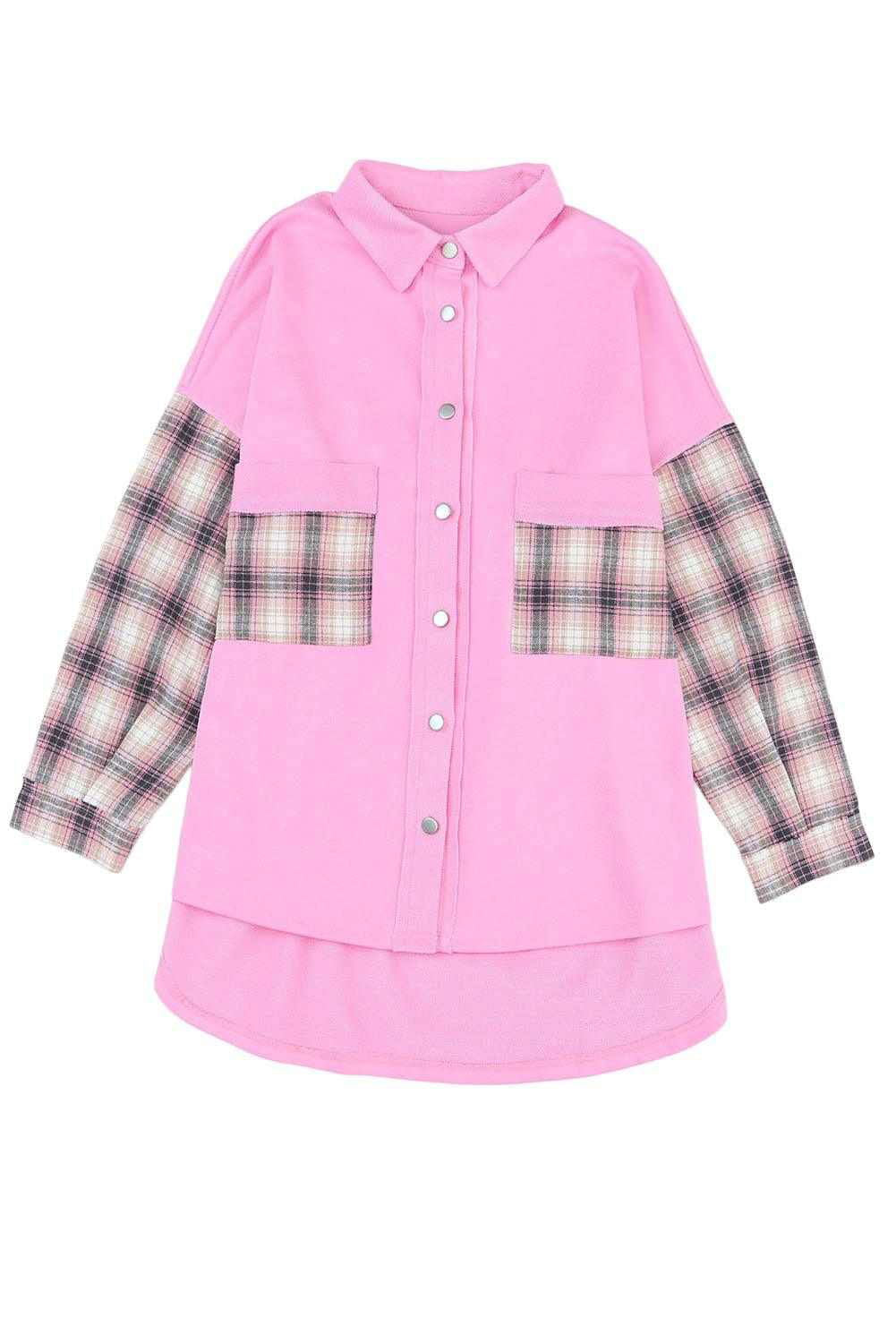 Rose Plaid Patchwork Chest Pockets Oversized Shirt Shacket - Vesteeto