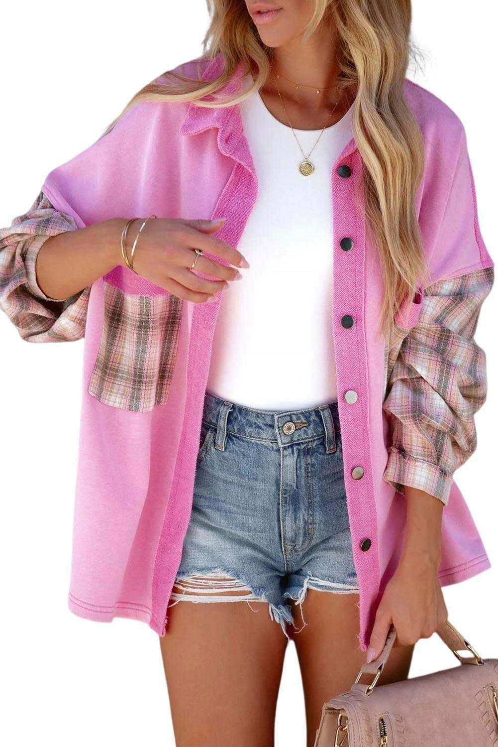 Rose Plaid Patchwork Chest Pockets Oversized Shirt Shacket - Vesteeto