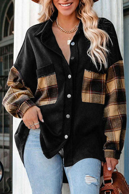 Rose Plaid Patchwork Chest Pockets Oversized Shirt Shacket - Vesteeto