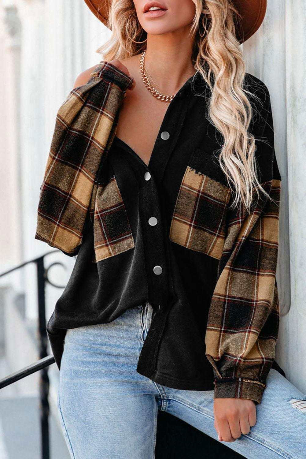 Rose Plaid Patchwork Chest Pockets Oversized Shirt Shacket - Vesteeto