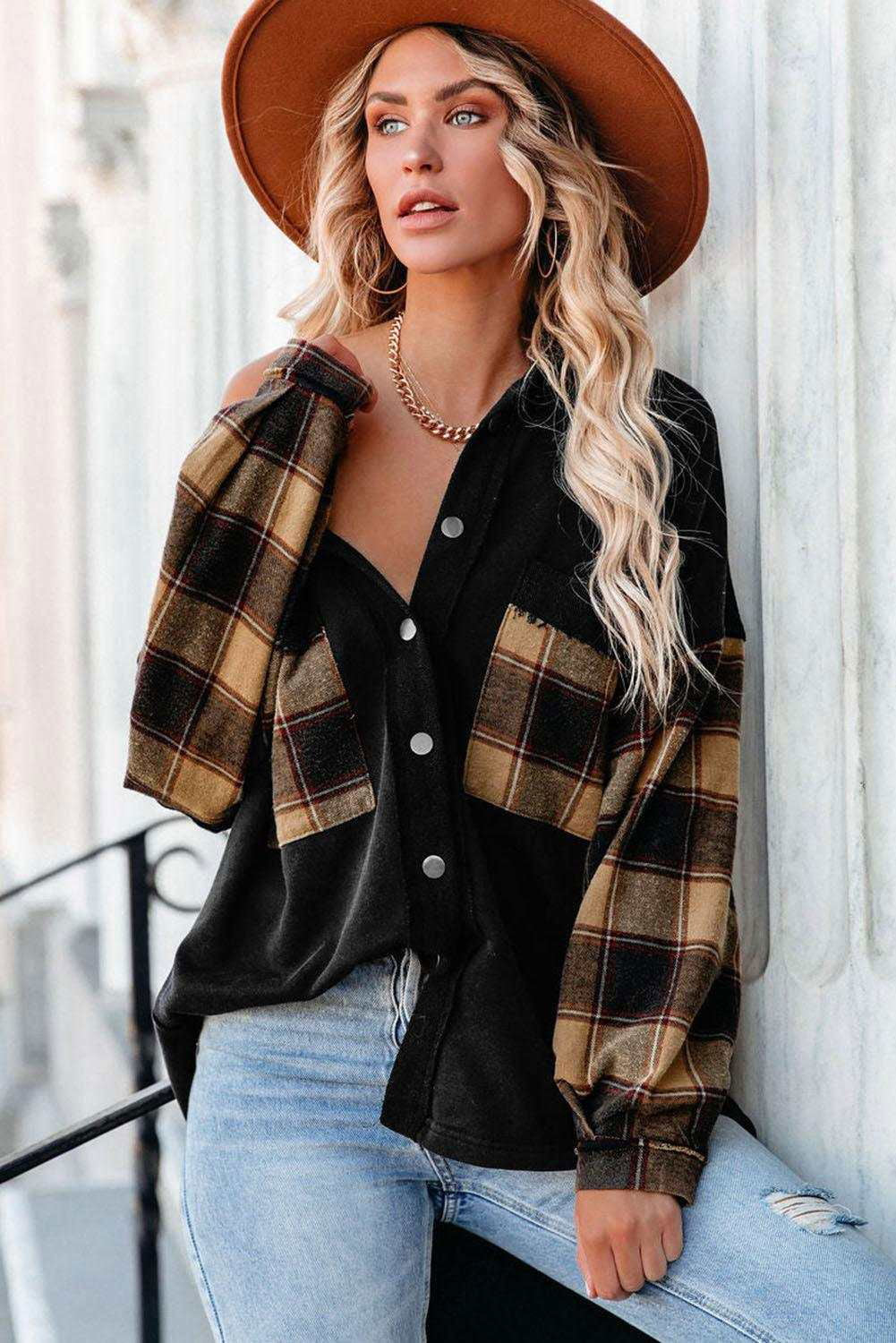 Rose Plaid Patchwork Chest Pockets Oversized Shirt Shacket - Vesteeto