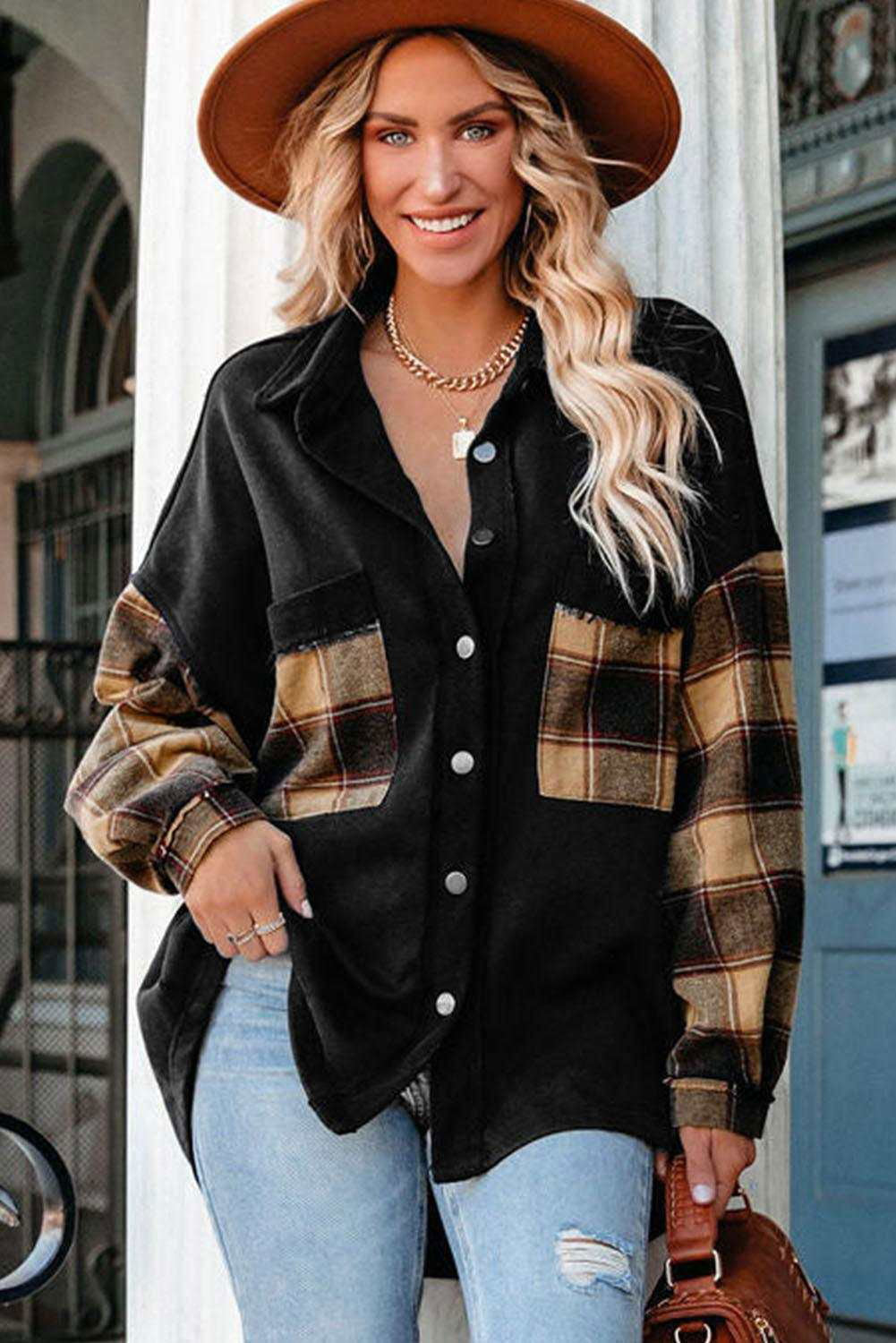 Rose Plaid Patchwork Chest Pockets Oversized Shirt Shacket - Vesteeto