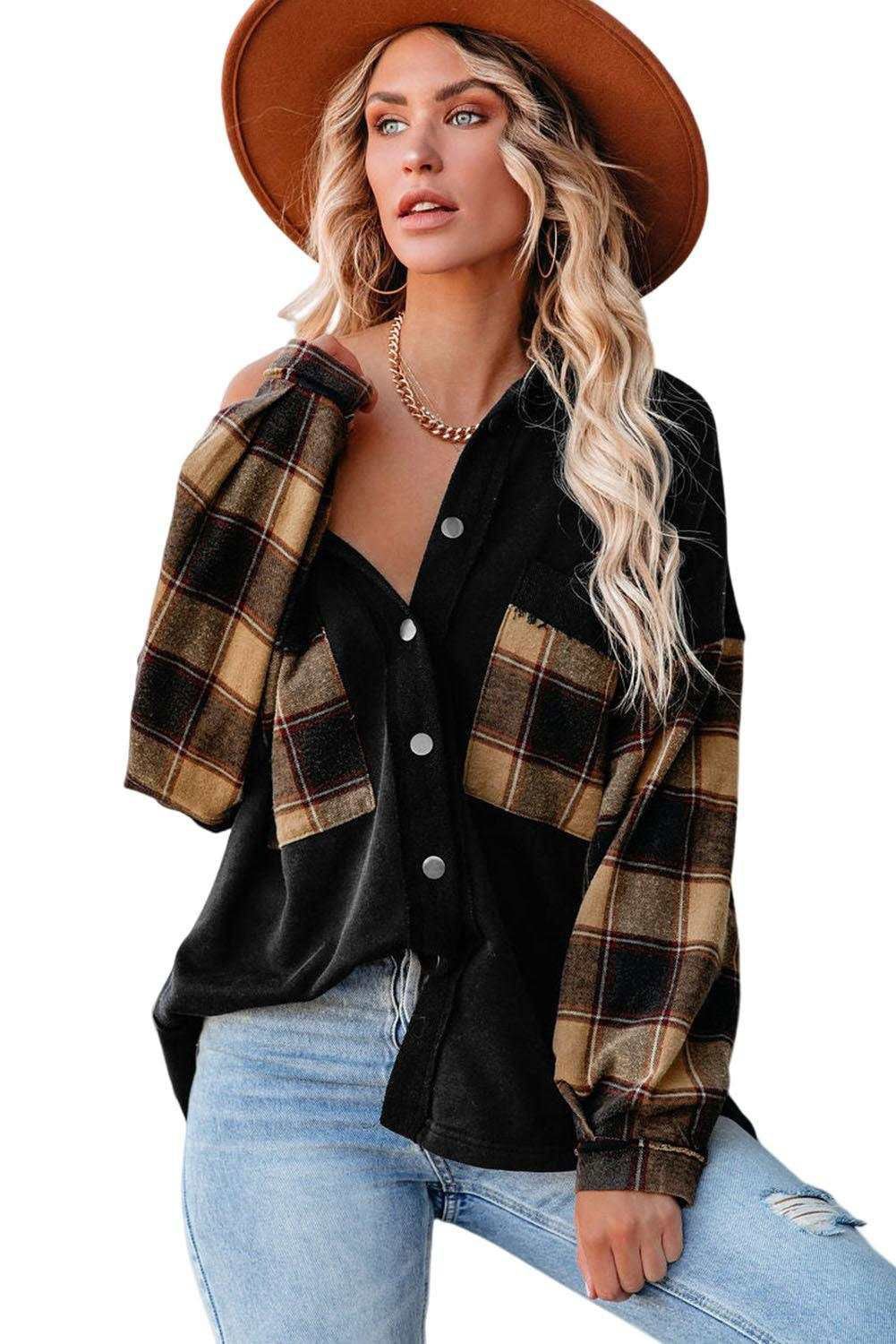 Rose Plaid Patchwork Chest Pockets Oversized Shirt Shacket - Vesteeto