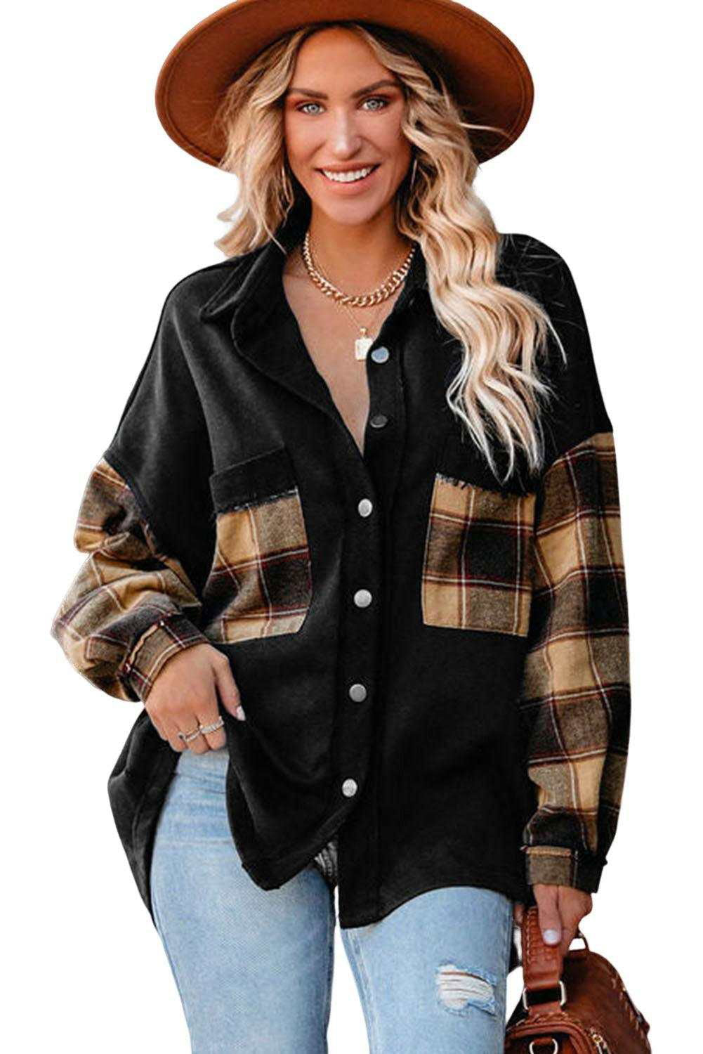 Rose Plaid Patchwork Chest Pockets Oversized Shirt Shacket - Vesteeto