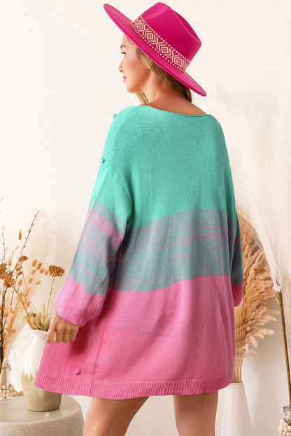 Rose Pompom Color Block Knit Open Front Cardigan - Vesteeto