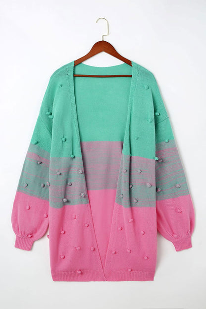 Rose Pompom Color Block Knit Open Front Cardigan - Vesteeto