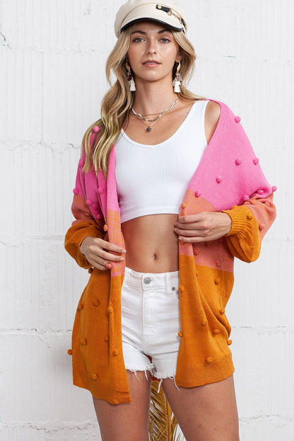 Rose Pompom Color Block Knit Open Front Cardigan - Vesteeto