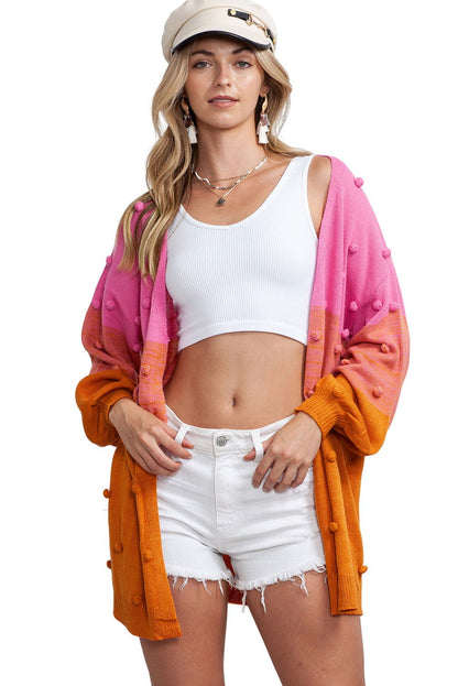 Rose Pompom Color Block Knit Open Front Cardigan - Vesteeto