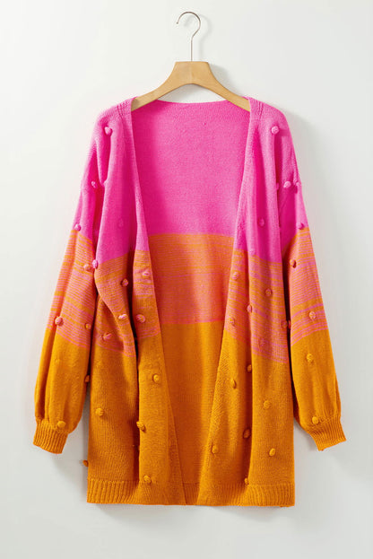 Rose Pompom Color Block Knit Open Front Cardigan - Vesteeto