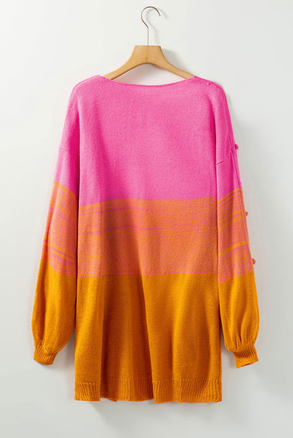 Rose Pompom Color Block Knit Open Front Cardigan - Vesteeto