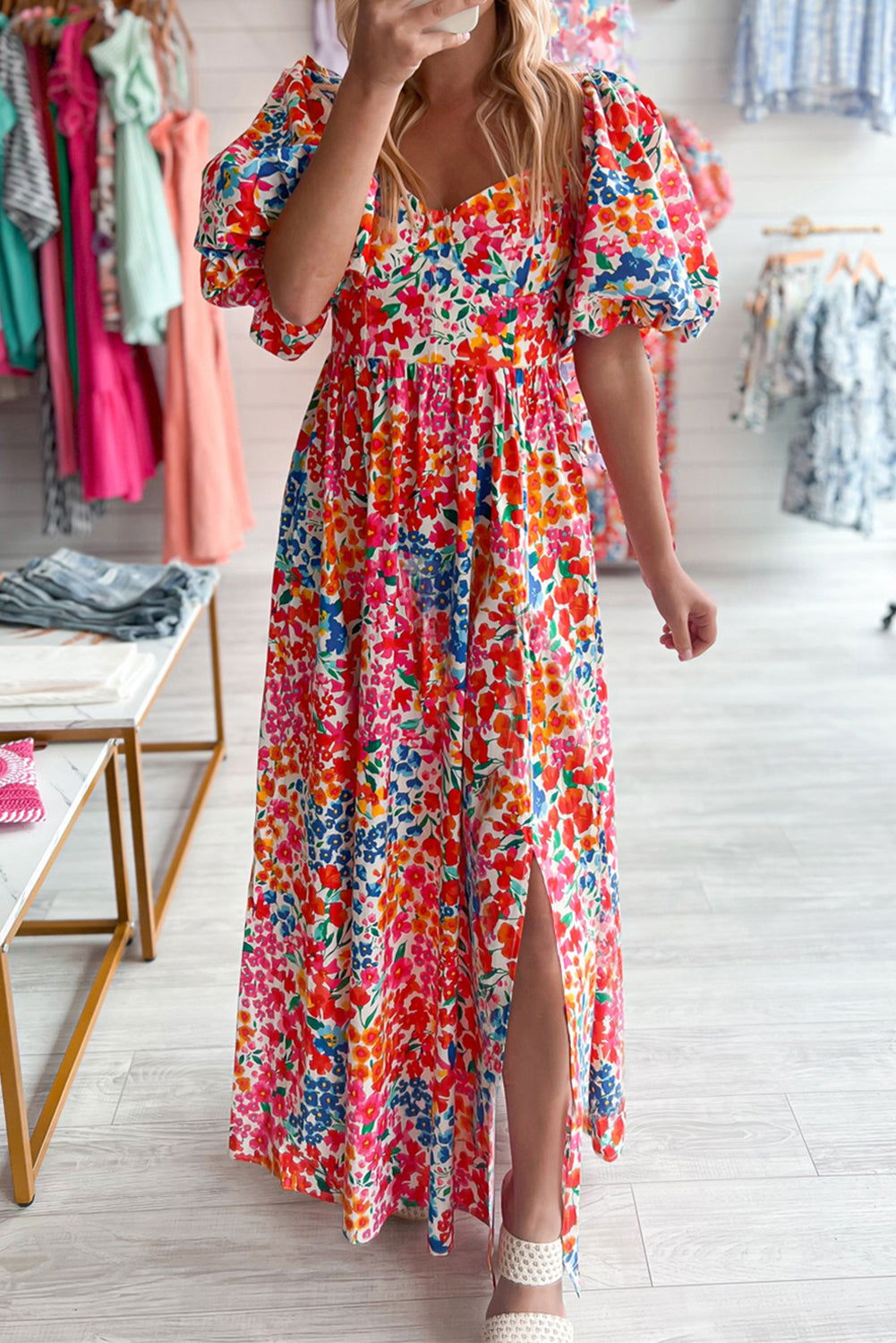 Rose Puff Sleeve Thigh High Split Floral Maxi Dress - Vesteeto