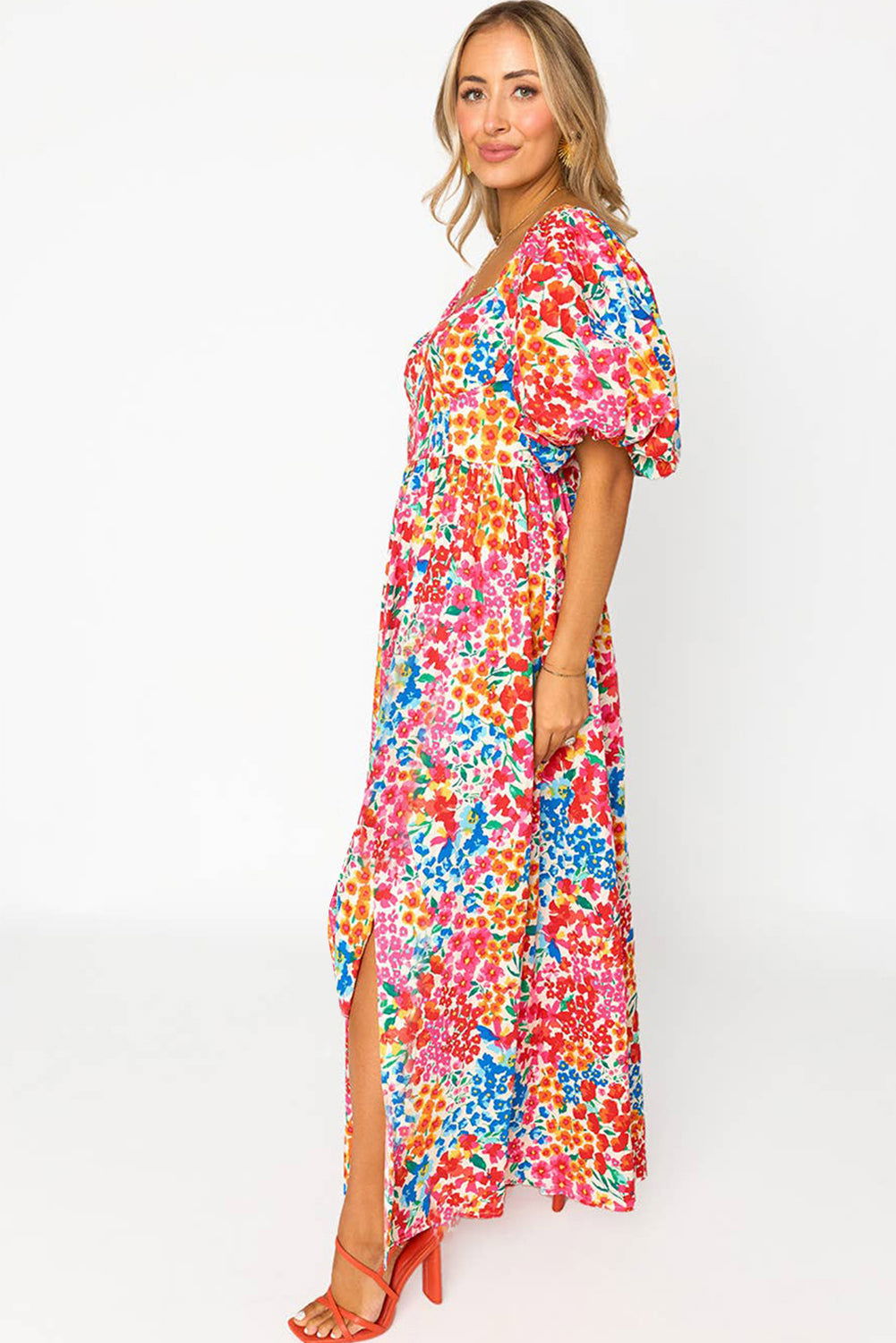 Rose Puff Sleeve Thigh High Split Floral Maxi Dress - Vesteeto