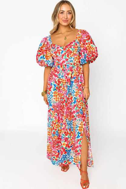 Rose Puff Sleeve Thigh High Split Floral Maxi Dress - Vesteeto