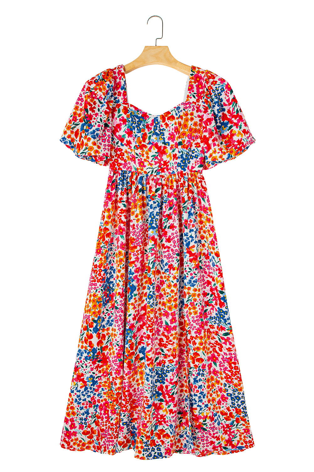 Rose Puff Sleeve Thigh High Split Floral Maxi Dress - Vesteeto