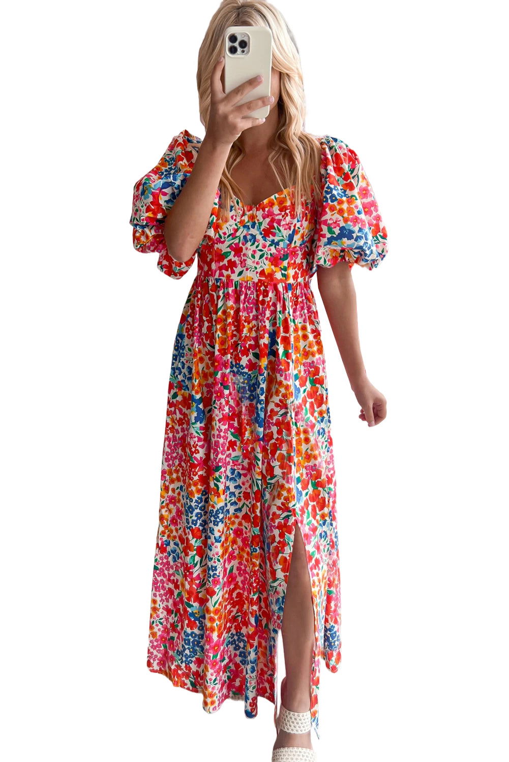 Rose Puff Sleeve Thigh High Split Floral Maxi Dress - Vesteeto