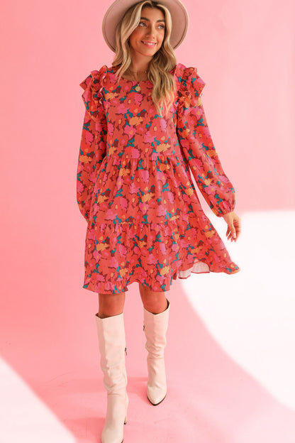 Rose Red Boho 60s Floral Print Ruffle Tiered Mini Dress - Vesteeto