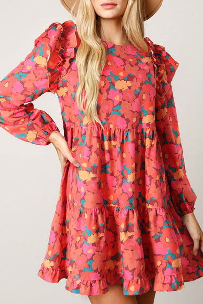 Rose Red Boho 60s Floral Print Ruffle Tiered Mini Dress - Vesteeto