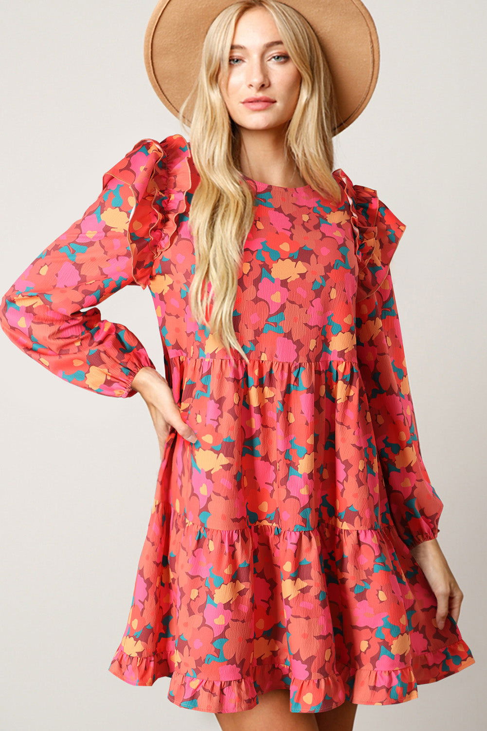 Rose Red Boho 60s Floral Print Ruffle Tiered Mini Dress - Vesteeto