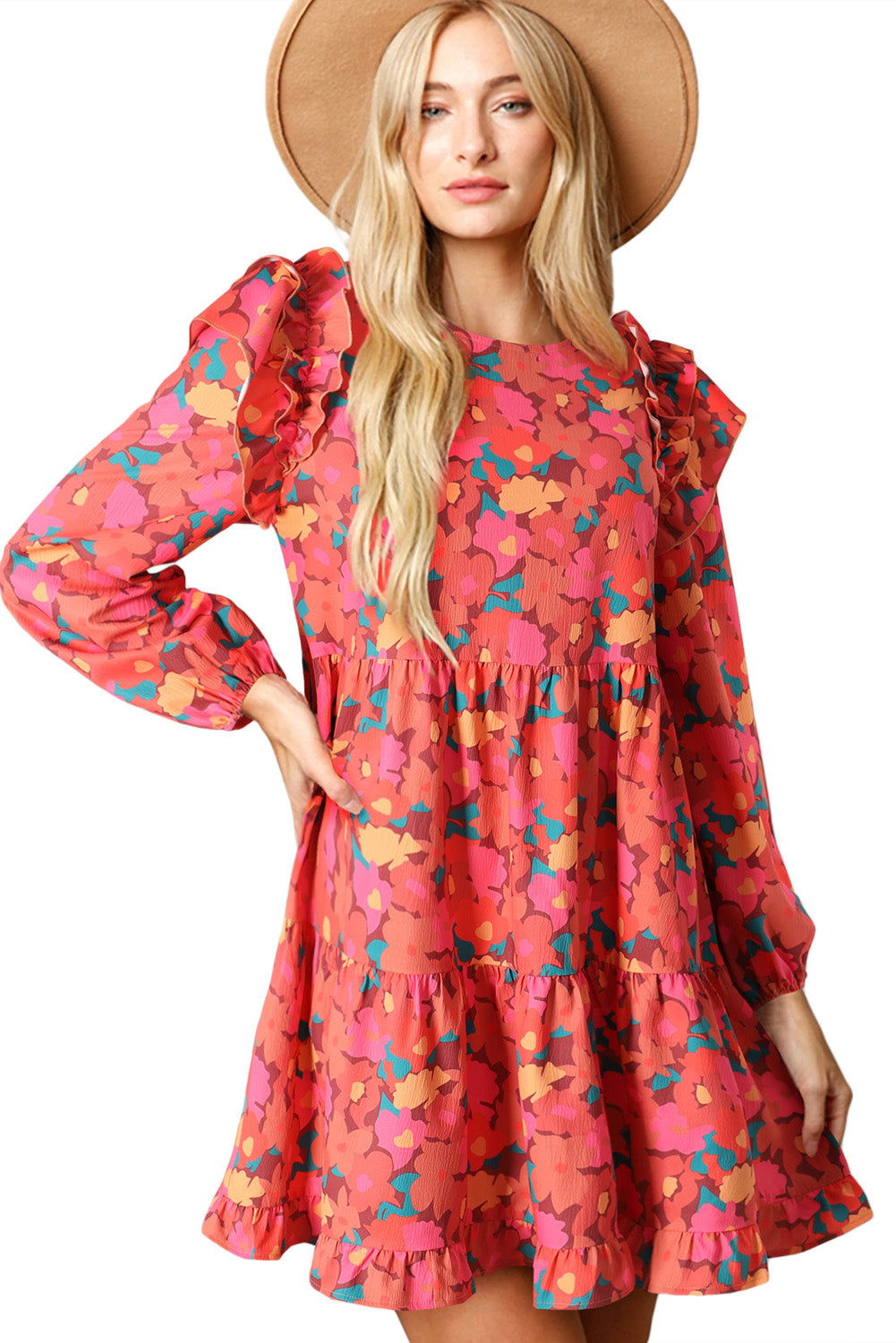 Rose Red Boho 60s Floral Print Ruffle Tiered Mini Dress - Vesteeto