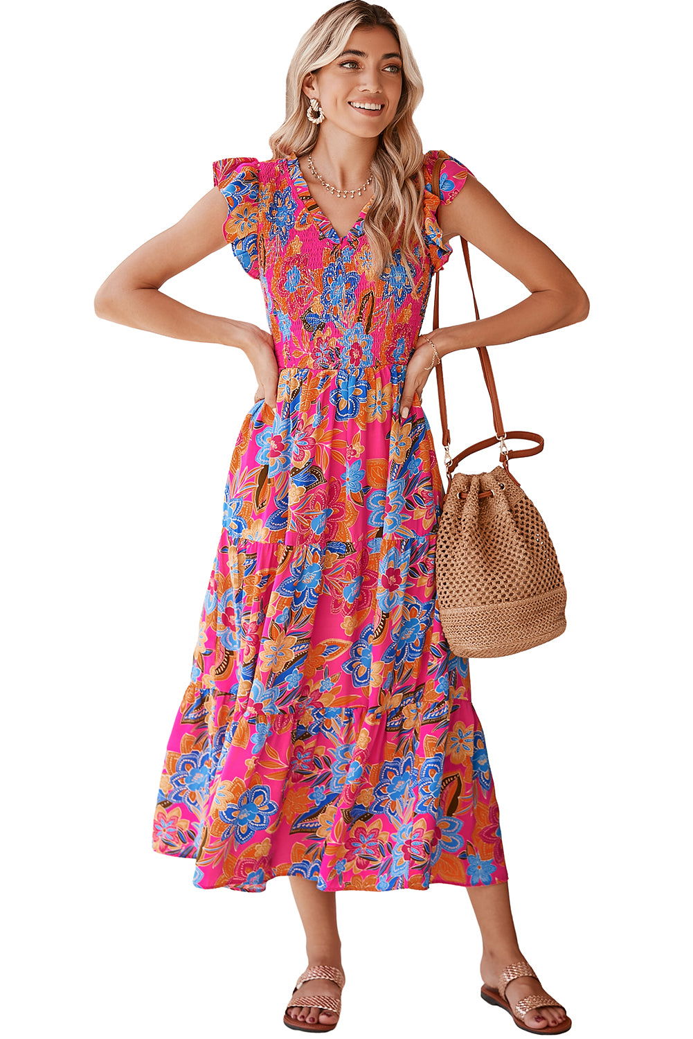 Rose Red Boho Floral V Neck Ruffle Tiered Long Dress - Vesteeto