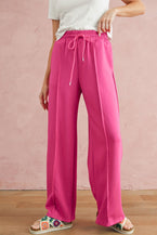 Rose Red Drawstring Smocked Waist Wide Leg Pants - Vesteeto