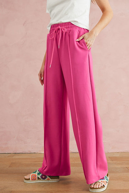 Rose Red Drawstring Smocked Waist Wide Leg Pants - Vesteeto