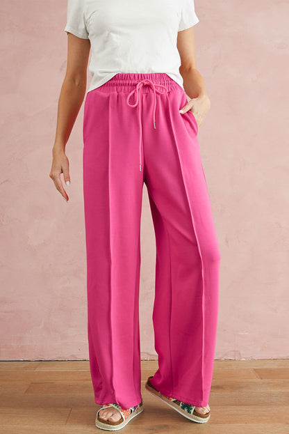 Rose Red Drawstring Smocked Waist Wide Leg Pants - Vesteeto