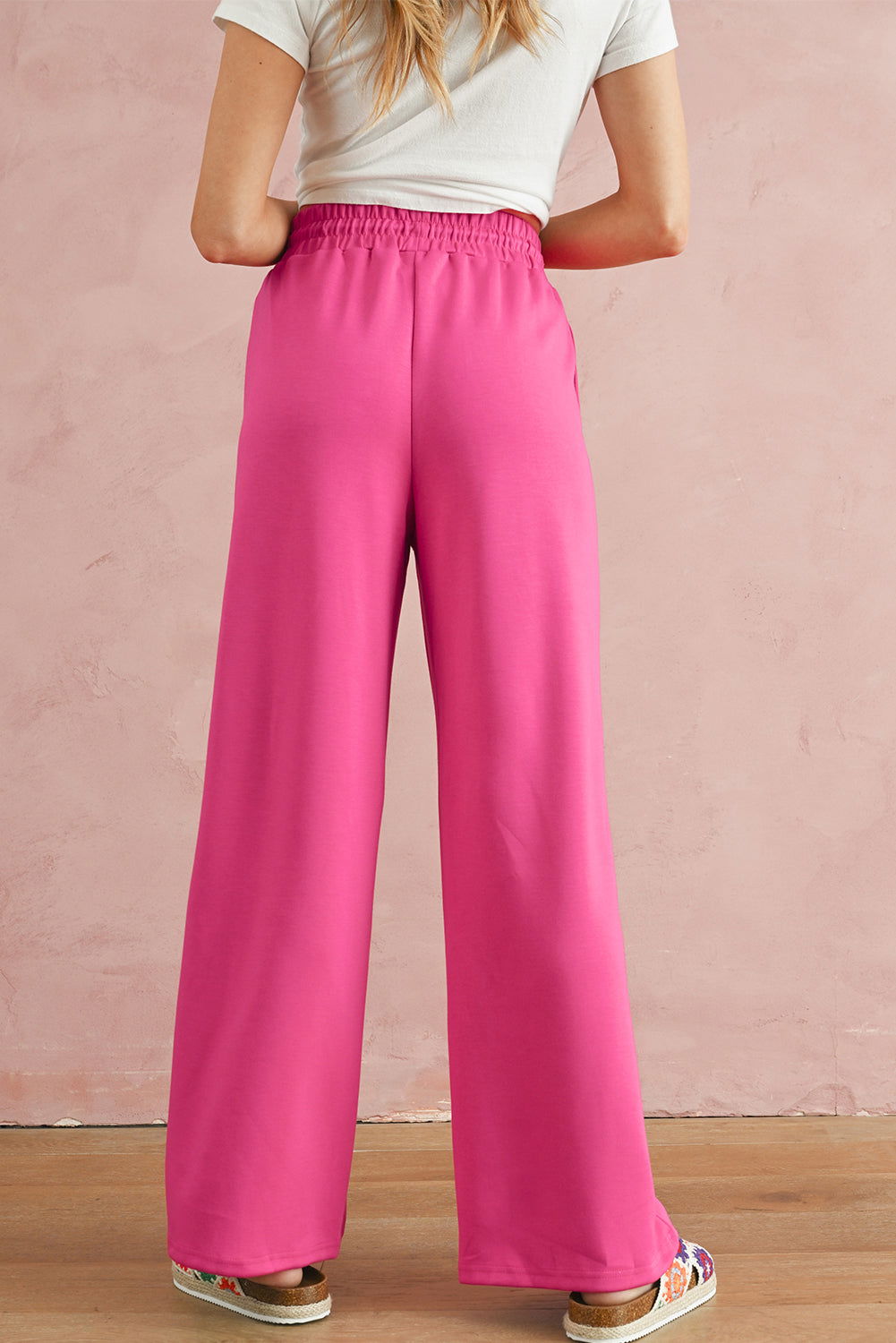 Rose Red Drawstring Smocked Waist Wide Leg Pants - Vesteeto