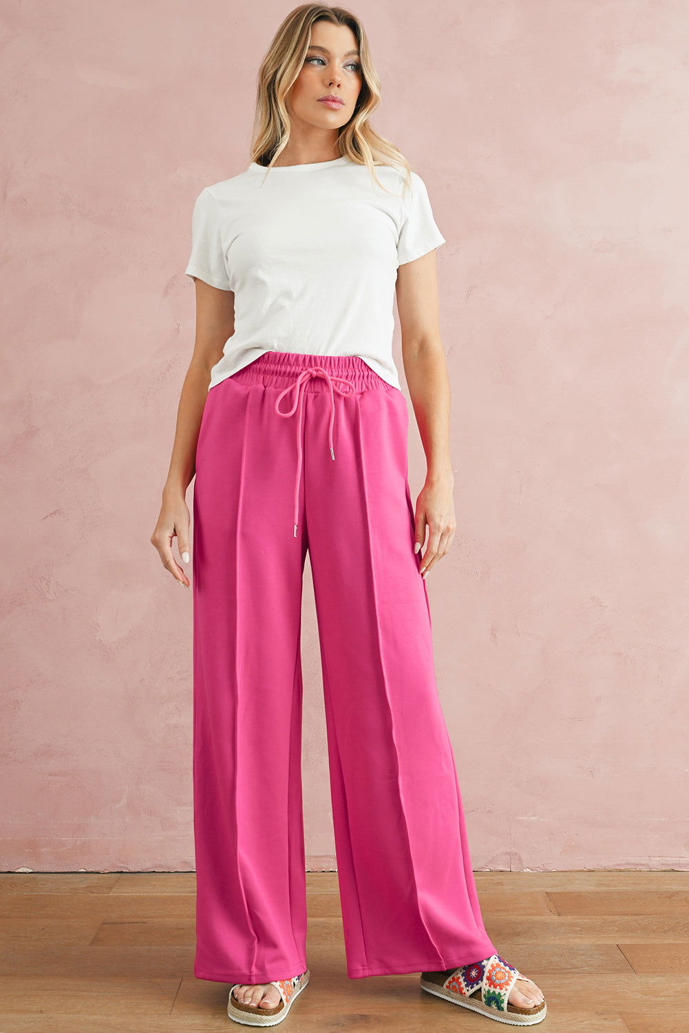 Rose Red Drawstring Smocked Waist Wide Leg Pants - Vesteeto