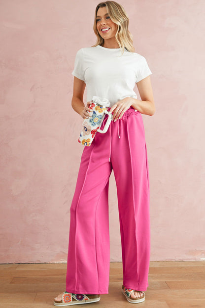 Rose Red Drawstring Smocked Waist Wide Leg Pants - Vesteeto