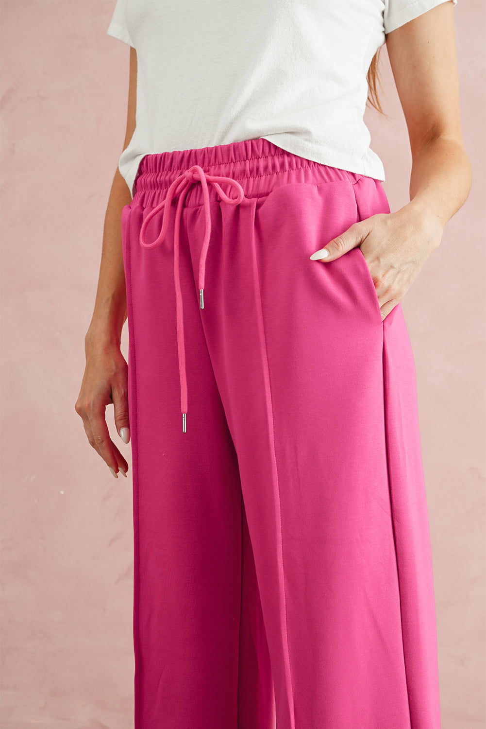 Rose Red Drawstring Smocked Waist Wide Leg Pants - Vesteeto