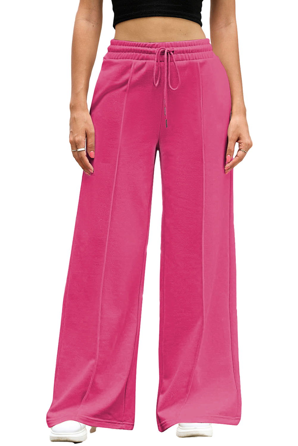 Rose Red Drawstring Smocked Waist Wide Leg Pants - Vesteeto