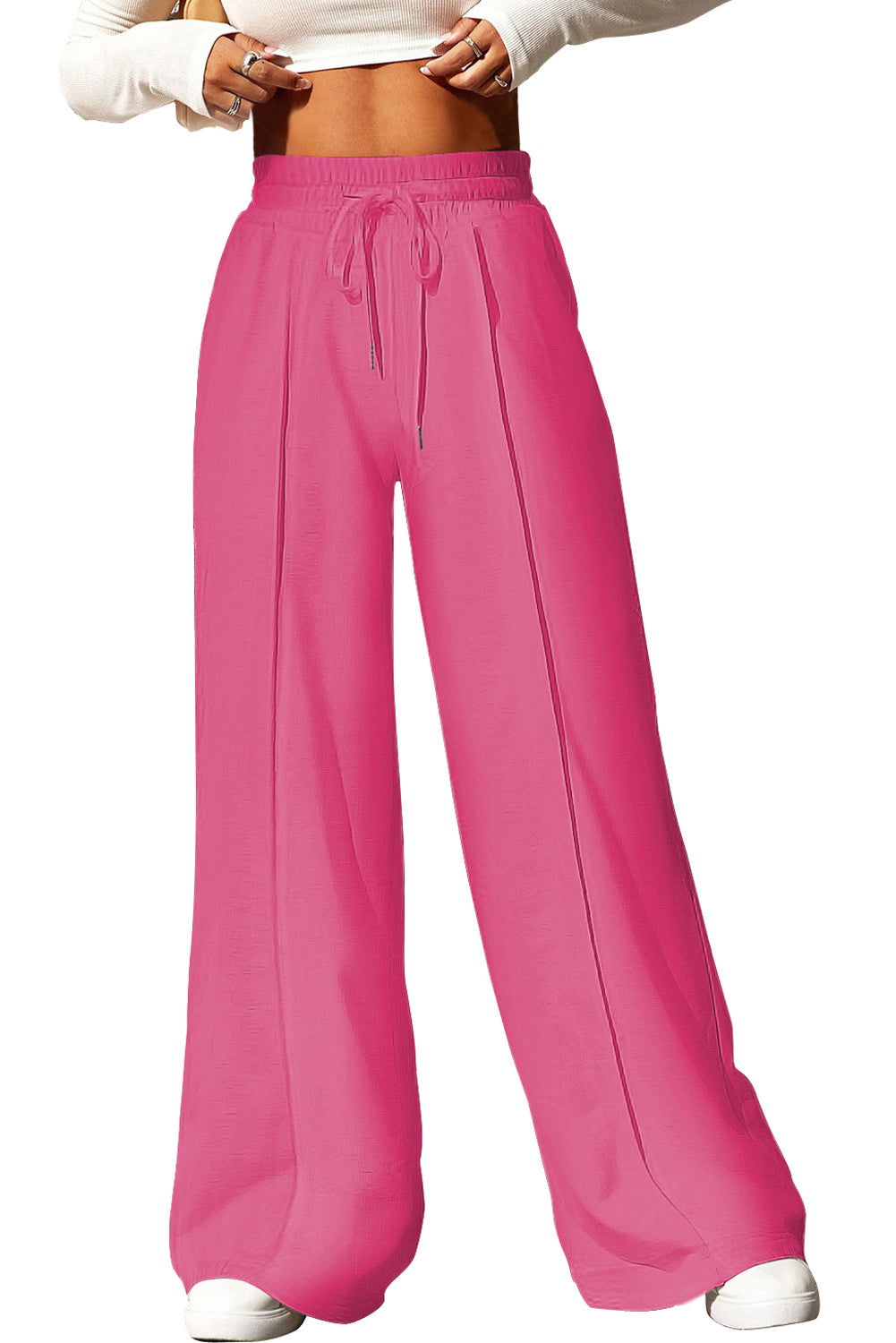 Rose Red Drawstring Smocked Waist Wide Leg Pants - Vesteeto