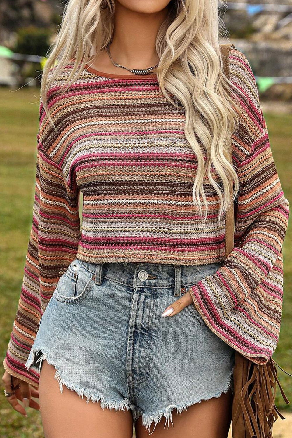 Rose Red Ethnic Striped Cropped Long Sleeve Top - Vesteeto