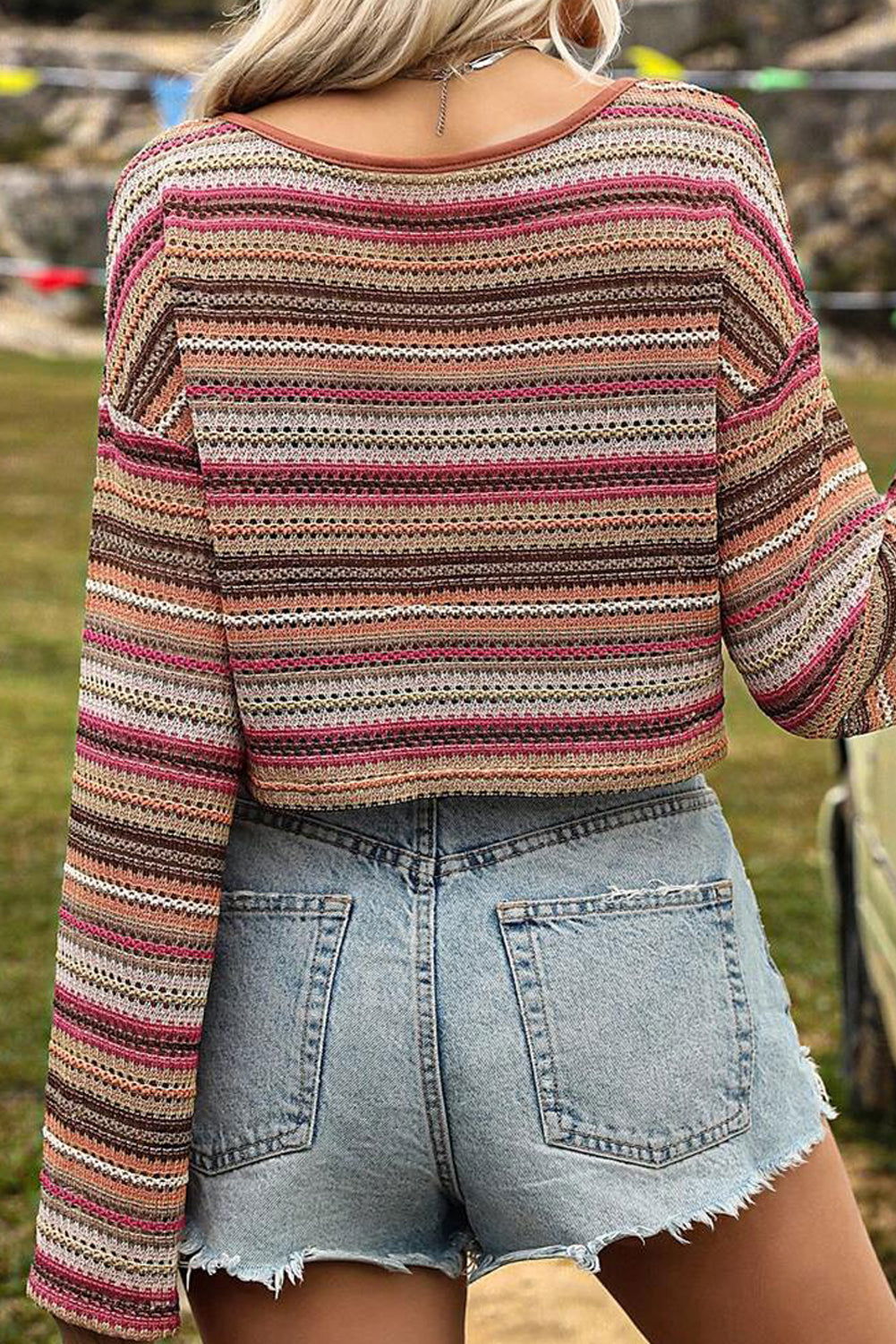 Rose Red Ethnic Striped Cropped Long Sleeve Top - Vesteeto